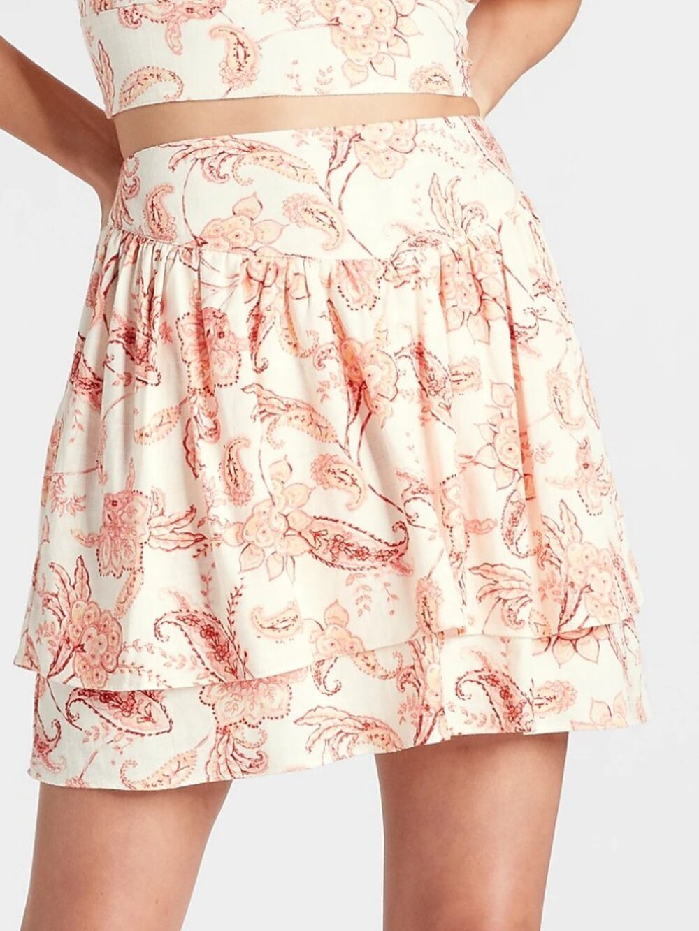 Express Pink Linen-Blend Printed Floral Tiered Ruffle Mini Skirt SZ 2 - Picture 6 of 6